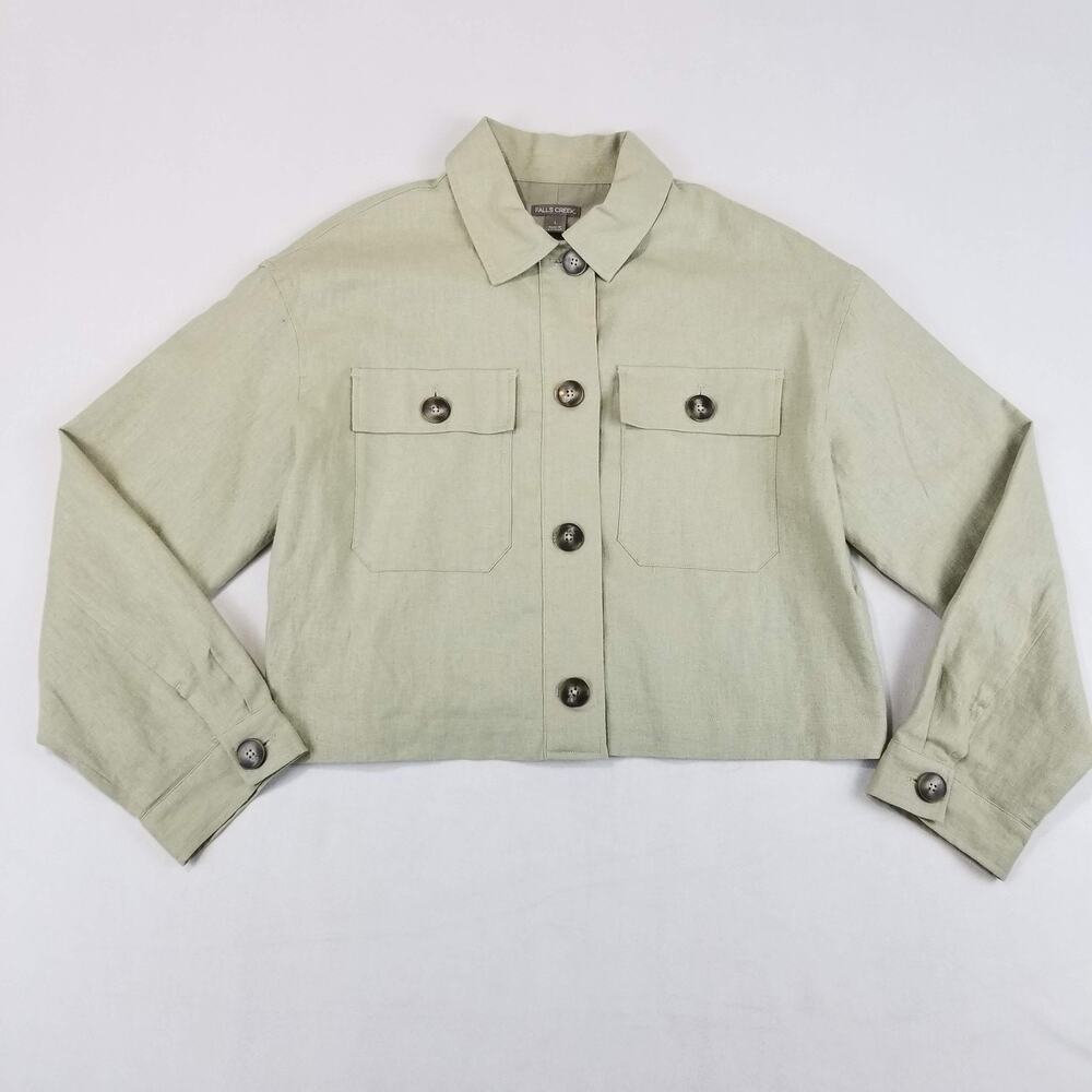 Falls Creek Jacket Womens Large Green Linen Blend Cropped Utility Shacket